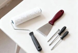 Rouleau, spatule et tournevis posés sur une table claire.